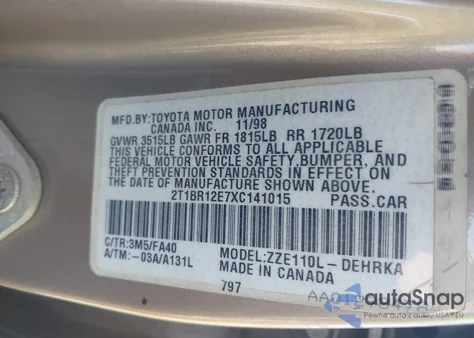 1999 Toyota Corolla Ve z USA, uszkodzony, nr VIN 2T1BR12E7XC141015